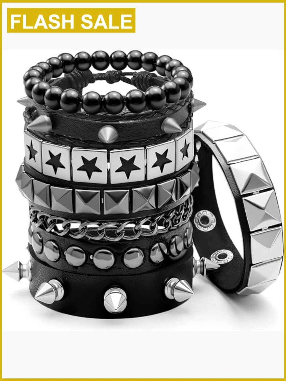 6 Pcs Gothic Studded Bracelet Set Punk Spiked Cuff Wristbands Alt Rock Concert